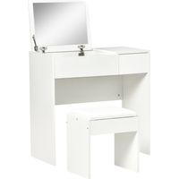 Postazione Trucco con Specchio Richiudibile, Toeletta Trucco Moderno, con Sgabello, Vano Contenitore a 4 Scomparti, MDF Bianco, 80x40x79 cm