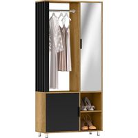 Kleiderschrank mit Spiegel und Hängestange, Aufbewahrungsfächer, offene Ablageflächen, Naturholz, Schwarz