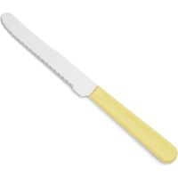 Cuchillo de mesa Arcos de Mesa 802900 monoblock de una pieza de acero inoxidable, mango de color amarillo y hoja de 11 cm en caja.