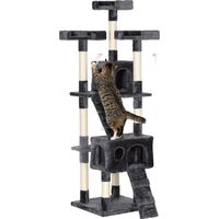 Albero Tiragraffi per Gatti con 3 Posatoi, 2 Casette e Giochi Appesi, in Legno e Peluche, 49x49x173 cm, Grigio