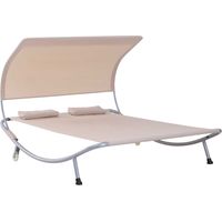 Tumbona de 2 plazas – Cama de jardín contemporánea – Toldo ajustable – 2 ruedas, 2 cojines – Acero con revestimiento epoxi – Arena
