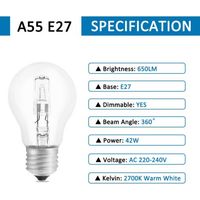 Ampoule Halogène E27 A55 42W Dimmable, AC220-240V, 650LM Blanc Chaud 2700K, Transparent Ampoule Globe E27 Halogene pour Plafonnier, Lampe de bureau, Applique, Lampadaire, Lot de 4