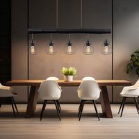 Globo – Lampe suspension en bois noir mat – 5 abat-jour cage – Longueur 104 cm – Hauteur ajustable 140 cm – Douilles 5x E27