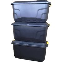 3 x 75L Heavy Duty Trunks on Wheels Sturdy, Lockable, Stackable and Nestable Design Storage Chest with Clips in Black