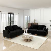 Canapé droit, canapé 4 places avec accoudoirs, 4 coussins, cantonnière amovible et pieds en bois, en chenille, noir