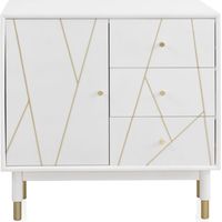 Commode à 3 tiroirs et 1 porte, laquée blanche avec façade ornée de dorures