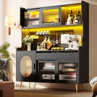 Aparador, armario de almacenaje, mueble de cocina, buffet, con tira de luz LED, panel perforado de almacenaje, puertas de vidrio estriado, 5 puertas, 145x39x171 cm - Negro