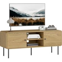 Meuble TV, meuble télé jusqu'à 55 pouces avec 2 portes, 2 compartiments ouverts, pieds en acier, 120x40x50cm, chêne