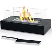 Bioethanol fireplace, tabletop fireplace – portable, rectangular, black, stainless steel, 2 glass panels, for indoor and outdoor use – bioethanol stove, freestanding, mobile