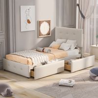 Lit simple rembourré en velours beige 90x200 cm avec sommier à lattes, tête de lit et tiroir de rangement