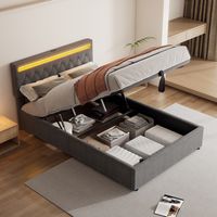 Cama tapizada de lino gris 140x200 cm con almacenaje hidráulico, LED, USB y USB-C