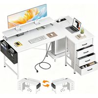 Bureau d’angle en L réversible 140x80 cm – 4 tiroirs en tissu, 2 ports USB, 2 prises, étagère pour moniteur, bureau à domicile