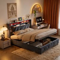 Lit double adulte 140x200 cm en velours gris avec rangement intégré, tête de lit LED RGB, ports USB et Type-C