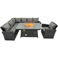 Fimous Polyrattan Sitzgruppe für 7 Personen, Balkon Möbel Gas Feuertisch Gasheizung Burner Sessel