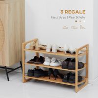 Étagère à chaussures 9 paires, 3 niveaux, rebords relevés, bambou bois, 76x33x51 cm