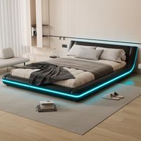 Bodenbett aus PU in Schwarz 140x200 cm mit LED-Beleuchtung und Lattenrost