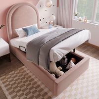 Letto con contenitore in velluto rosa 90x200 cm con rete a doghe e materasso H3 incluso