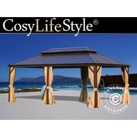 Pavillon Santa Fe Alu+ mit Vorhängen und Moskitonetz, 3,65x6m, Braun - Dancover