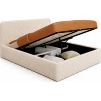 Idmarket – Lit coffre double 140 x 190 cm – Tête de lit en tissu bouclette – Sommier relevable 24 lattes – Coffre de rangement intégré