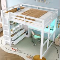 Letto a soppalco 140x200 cm moderno in legno massello e MDF bianco con scrivania, 2 cassetti, scaffali, LED e USB
