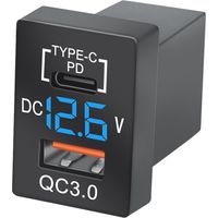 QC3.0 USB-Autoladegerät mit PD-Typ-C-Stecker und blauem LED-Digitalvoltmeter für Toyota-Schnellladung (blaue Spannung)
