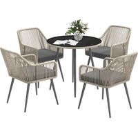 Outsunny – Salon de jardin extérieur en résine tressée 4 places – Table ronde en verre avec trou pour parasol – Coussins confortables – Marron