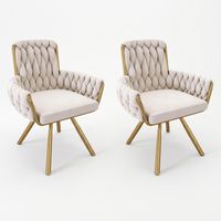 FurnitureR Swivel Dining Chairs Set of 2, Cream Velvet Upholstered Kitchen Chairs with Gold Metal Legs, Modern Accent Dining Chairs with Curved Backrest & Armrests