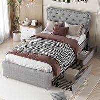 Letto imbottito MDF e lino grigio 90x200 cm con 2 cassetti e testiera regolabile