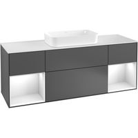 Finion, Muebles de baño, 1600 x 603 x 501 mm, Angular, con estantería (iluminada), modelo suspendido, En madera, lavabo en el medio, iluminación LED, 2x LED / 2.3W, 2x LED / 4.2W, 2700 K a 6480 K, lac