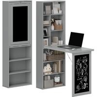 Bureau avec rangement pliable murale rabattable avec bibliothèque poste de travail tableau à craie et étagère réglable-Gris