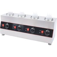 Calentador de salsas eléctrico comercial de acero inoxidable con 4 botellas, placas calefactoras, temperatura ajustable (30–85 °C) y sistema de calentamiento al baño maría.