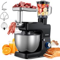 VEVOR multifunktionale Küchenmaschine elektrisch 1500 W mit Edelstahlschüssel (7,8 L) & Mixbecher (1,5 L), Knetmaschine Teigmixer mit 6+P Geschwindigkeiten & Knethaken & Schneebesen & Rührbesen