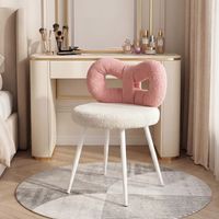 FLASIDU - Tabouret en fausse laine - Chaise de coiffeuse - Dimensions : 43 × 35 × 73 cm - Coussin d'assise blanc - Dossier incurvé rose - Pieds en bois