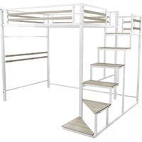 Cama alta de metal con escalera "LENA" - 140 x 200 cm - Blanco