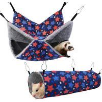 Ferret Rat Hammock Set Guinea Pig Hideout Bed,Soft Hamster Toys Hanging Tunnels and Tubes,Plush Small Animal Pet Chinchilla for Cage Accessories Hide,Play and Sleep,2 Pack,Blue Star-Crezuo