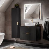 Badezimmer Möbel Set, schwarz matt gerillt, mit 80cm Waschtisch, Keramik Waschbecken und LED Spiegel, ADELAIDE-56-BLACK, B/H/T ca. 130/200/46,5 cm
