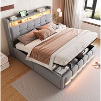 Cama tapizada moderna 160x200 cm gris claro con cabecero con estantes, USB, LED y almacenaje elevable