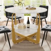 Table à manger ronde avec petit plateau rond au milieu pour le rangement et pieds dorés (80×80×76cm)