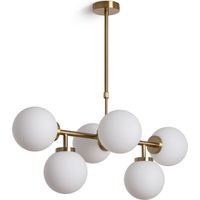 Ledkia – Suspension métal dorée avec 6 abat-jours en verre opale – Hauteur réglable 550-850mm – Ampoule E27 non incluse – Pour salons et restaurants