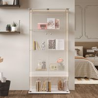 Vitrina de cristal templado para colección con 2 puertas correderas, cerradura y tirador metálico, altura 163 cm, 4 estantes y tiras LED, blanco