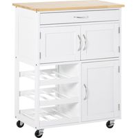 Desserte de cuisine multi rangements 2 placards tiroir casier 9 bouteilles MDF blanc plateau bois caoutchouc