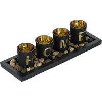 Relaxdays – Lot de 4 bougeoirs avec plateau décoratif – Dimensions 7,5 x 33 x 11,5 cm – Matériaux MDF, verre, pierre – Décoration moderne noir et doré