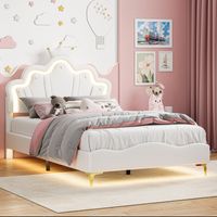 Lit Fille Princesse 140x190cm, en Forme de Couronne,Lit Enfant avec Tête lits réglable, lit Fille simple avec sommier, 140x190cm LED Lit Enfant pour Ado et Fille,Blanc PU, sans Matelas
