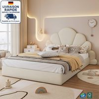 Cama para adultos 140x200cm - Cama 140x200cm - Cama tapizada - Cabecero de pétalos curvos - Madera con certificación PEFC - Terciopelo - Beige