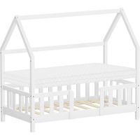 ML-Design Letto a Casetta per Bambini 70x140 cm con Materasso e Protezione Anticaduta, Tetto e Rete a Doghe, Bianco, Lettino a Terra Montessori in Legno Massello di Pino, Struttura per Cameretta