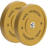 Par de discos bumper amarillos de 15 kg en goma de alta densidad con anillo de acero. Codificados IWF, 45 cm de diámetro. Compatibles con barras olímpicas de 2”. Para fuerza y rendimiento