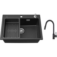 Cecipa Lavello 1 Vasca 60x45 cm con Cestello di Scarico e Dispenser per Sapone + Miscelatore da Cucina con Doccetta Estraibile Girevole a 360° Nero