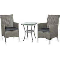 Set Giardino Esterno 3 Pezzi in Rattan PE e Acciaio, Set 2 Sedie con Cuscini Lavabili, Braccioli, Tavolino da Caffè con Piano in Vetro, Salotto da Giardino Balcone Patio Cortile, Grigio