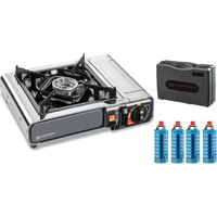Kemper – Réchaud à gaz portable 2200W inox – 1 brûleur butane – Allumage piezo – Double sécurité – Valisette de transport incluse