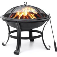 Stahl Feuerstelle 55cm mit Funkenschutz, Holzrost & Schürhaken für draußen, Garten, Terrasse, Camping & Picknick